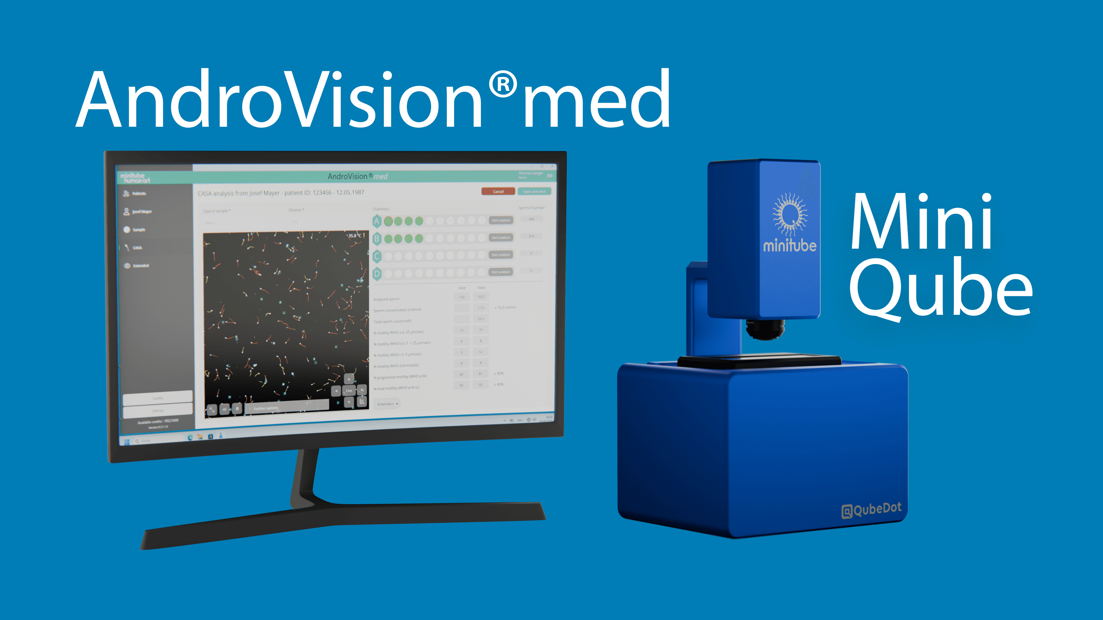 Promotional graphic on a vibrant blue background, showcasing a computer monitor displaying the AndroVision med software on the left and the bright blue MiniQube digital microscope on the right, both labeled with large white typography.