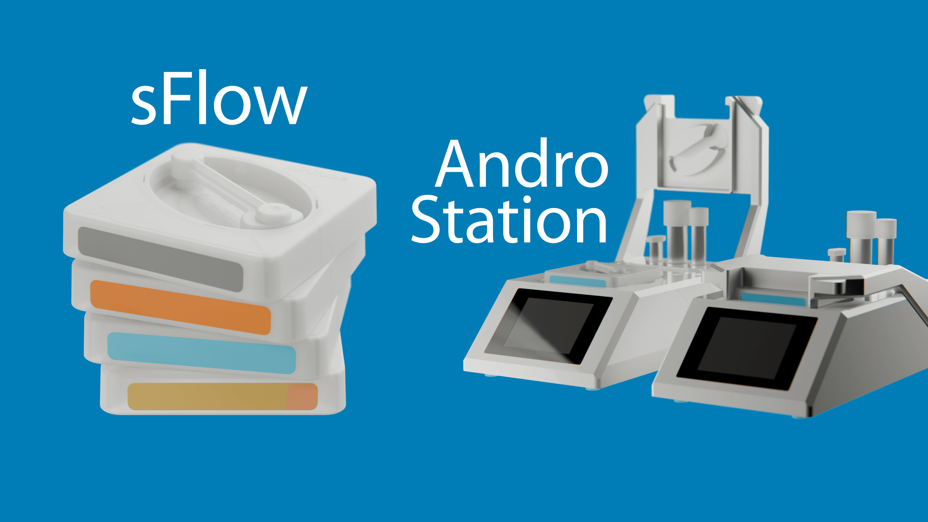 Promotional graphic on a vibrant blue background, displaying a stack of four color-coded sFlow cartridges on the left and two AndroStation laboratory devices on the right, both labeled with large white typography.